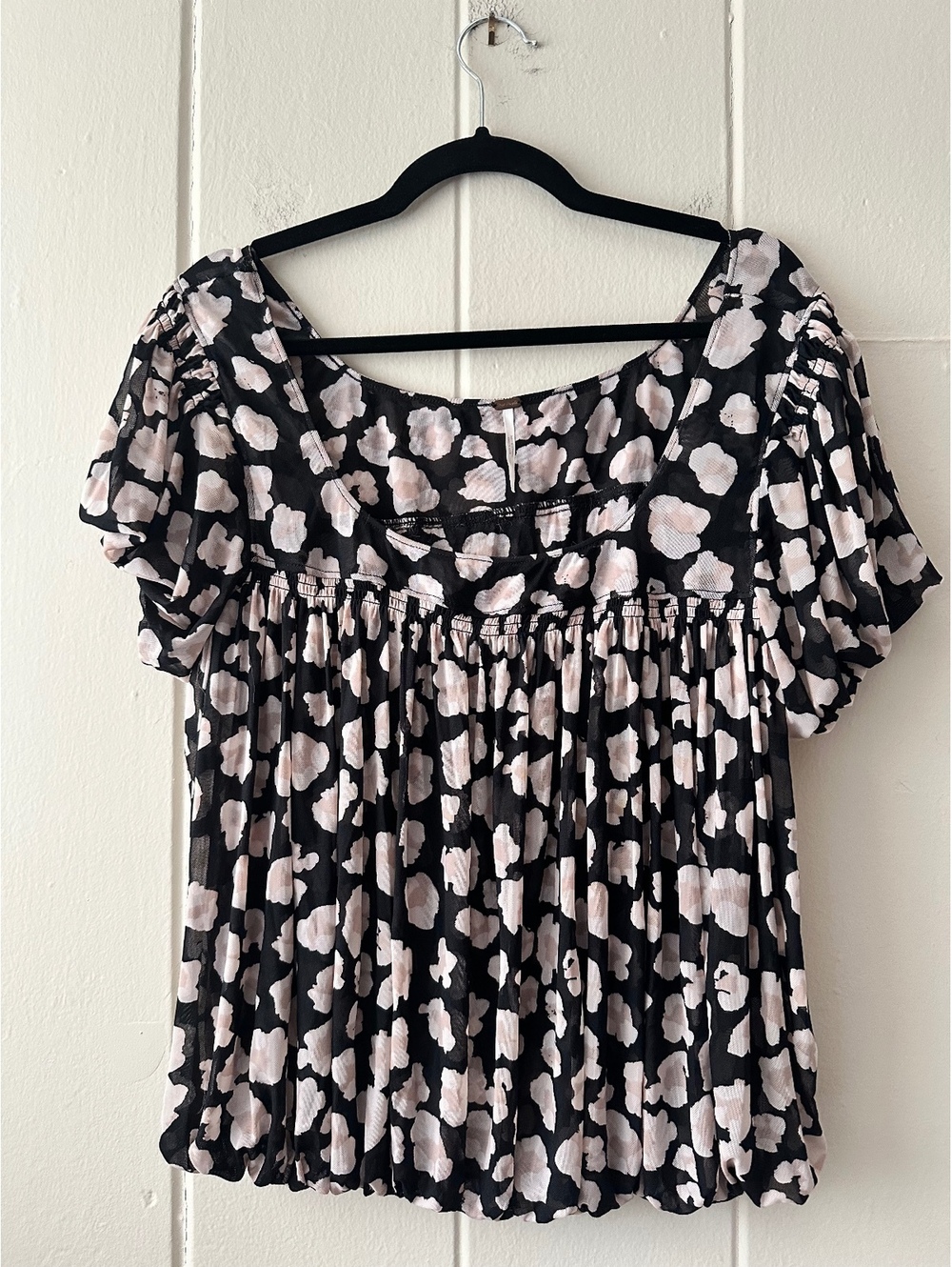 Free People Meg’s Leopard Print Mesh Top Black White with Bubble Hem Size Medium